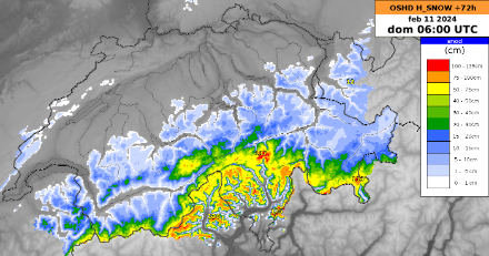 Accumulations de neige fraîche prévues par le modèle OSHD du SLF entre vendredi et dimanche matin.