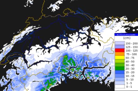 Figure 3 : Quantités de neige fraîche tombées au cours des dernières 24 heures jusqu'à aujourd'hui à 16 UTC.