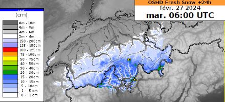 Figure 4 : Quantités de neige fraîche sur 24h prévues d'ici mardi matin à 6h UTC.
