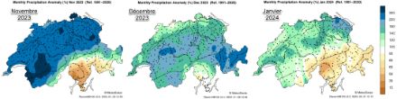 Anomalie de précipitations pour les mois de novembre, décembre 2023 et janvier 2024