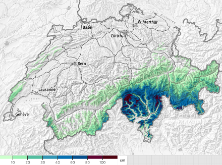 Cumuls de neige fraîche sur 72 heures.