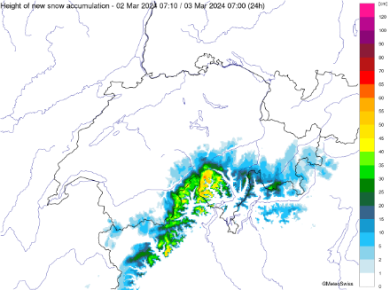 Figure 1. Cumuls de neige fraîche entre samedi 2 mars 7 h et dimanche 3 mars 2024 7 h.