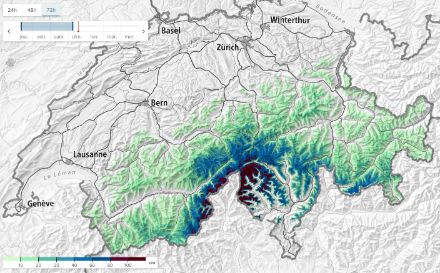 Figure 5. Cumuls de neige fraîche au cours de 72 dernières heures.