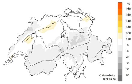 Figure 5. Répartition spatiale de l’ensoleillement en hiver 2023-24, représentée en % de la norme 1991-2020.