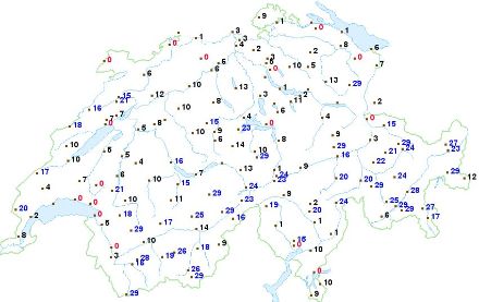 Figure 2. Nombre de jours de gel (température minimale inférieure à 0 °C) en février 2024.