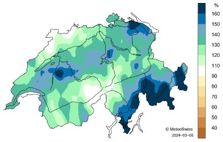 Figure 3. Répartition spatiale des sommes de précipitations en hiver 2023-24, représentée en % de la norme 1991-2020.