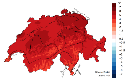 Carte de la Suisse des anomalies de température en février 2024. 