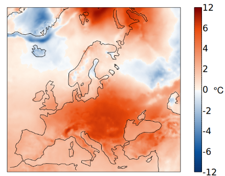 Carte des anomalies de température en février 2024 en Europe. 