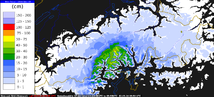 Hauteur de neige fraîche entre vendredi 1 mars 10 h UTC et samedi 10 h UTC.