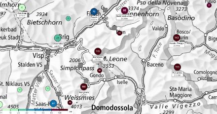 Figure 2. Cumuls de neige fraîche en 3 jours du vendredi 1er mars à 13h au lundi 4 mars à 13h. Au cours de ces 72 heures, il est localement tombé plus de 150 cm de neige fraîche dans la région du Simplon. Source : Institut pour l’étude de la neige et des avalanches SLF 