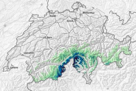 Figure 3. Cumuls de neige fraîche en 48h, du samedi 2 mars à 7h au lundi 4 mars à 7h. Source : Institut pour l’étude de la neige et des avalanches SLF 