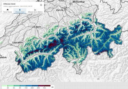 Fig. 3 : Épaisseur de neige en cm dans les Alpes suisses, mise à jour le 29 mars à 7 heures. 