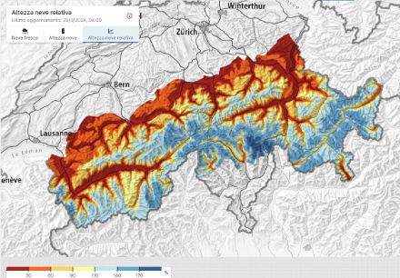 Fig. 4 : Épaisseur de neige dans les Alpes suisses actualisée le 29 mars à 7 heures, représentée en pourcentage de la moyenne 1991-2020. 