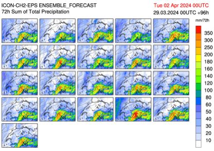Fig. 1 : prévisions du modèle ICON-CH2-EPS des précipitations attendues sur 72 heures entre le samedi 30 mars et le lundi 1er avril. 