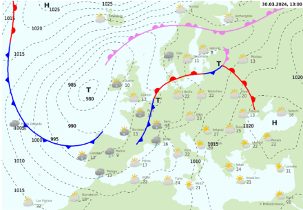 Carte des pressions et fronts au sol, le 30 mars 2024. Source : MétéoSuisse