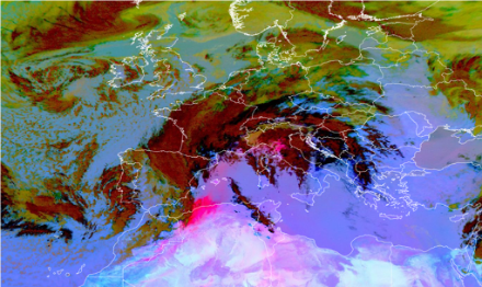 Sur l'image satellite en fausses couleurs (RGB Dust Composition), la poussière du Sahara apparaît en rose. Le tourbillonnement et le transport en direction de l'Europe sont clairement visibles malgré les nombreux nuages. Image : 29.03.2024 15 UTC, Eumetsat