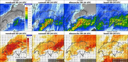 Cartes de précipitations et d'ensoleillement pour la période du vendredi 29 mars au lundi 1er avril 2024.