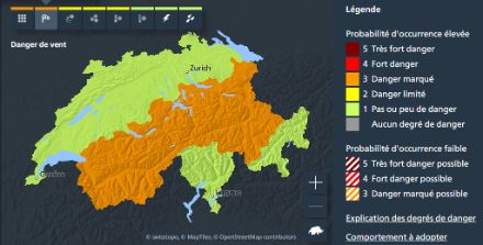 Carte des dangers de vent de MétéoSuisse