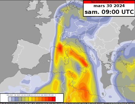 Carte des prévision des concentrations de poussières du Sahara le samedi 30 mars 2024 à 10 h.