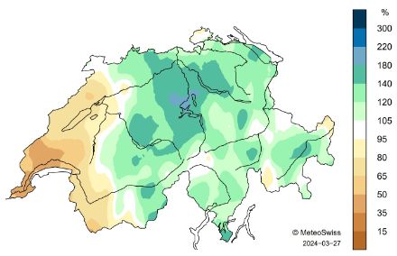 Carte de la Suisse sur la répartition des précipitations en mars