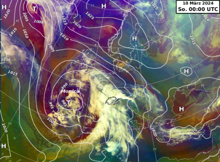 Figure 1 : pression réduite au niveau de la mer (lignes blanches, labels en hectopascal) et image satellite du dimanche 10 mars 2024 à 00 UTC. Source : MétéoSuisse, Eumetsat, ECMWF.
