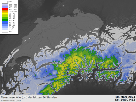 Figure 4 : neige fraîche entre samedi 9 mars à 14 h et dimanche 10 mars à 14 h estimée à partir d’une combinaison de données radars et stations au sol. 