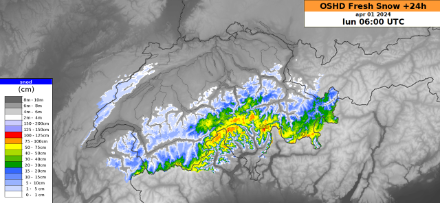 Quantités de neige fraîche prévues par le modèle OSHD du SLF sur 24 heures d'ici 08h locales lundi 1er avril 2024. Par rapport aux jours précédents, la zone de précipitations les plus intenses tend à se décaler lentement vers l'est.