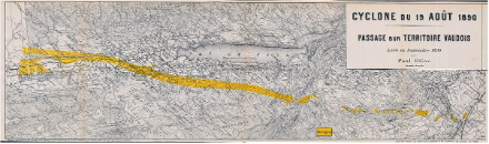 Trajectoire de la tornade du 19 août 1890 dans le Jura vaudois selon Paul Etier. La surface touchée est en soi peu importante, mais la destruction est pratiquement totale. Même des maisons massives en pierre ont été fortement démolies, voire totalement détruites.