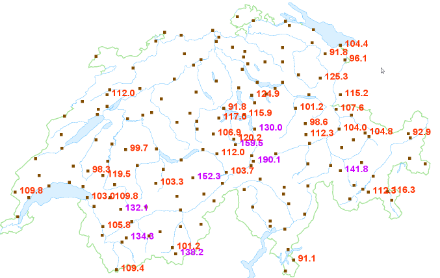 Figure 1 : Rafales maximales du Vendredi saint au dimanche midi. Seules les stations avec des rafales d'au moins 90 km/h sont représentées. Le maximum en plaine s’est produit à la station d'Altdorf dans la vallée de la Reuss avec 130 km/h, et en montagne à la station de Gütsch au-dessus d'Andermatt avec 190 km/h. (Source : MétéoSuisse)