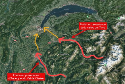 Figure 3 : trajectoires de foehn dans la vallée de l’Arve et du val de Chaise via Annecy pouvant atteindre la région genevoise lors d’épisodes de foehn particulièrement forts.