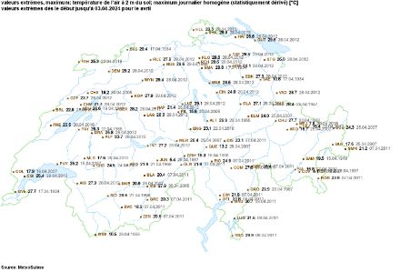 Carte des températures maximales (en °C) mesurées en avril. Début des mesures variable selon les stations.