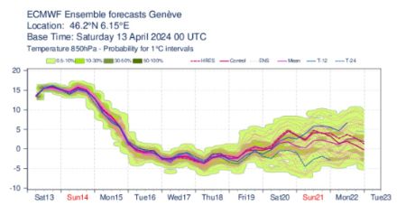 Evolution de la température à 850 hPa des ensembles du modèle IFS.