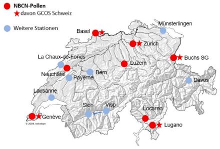 Figure 2. Le réseau suisse de mesure du pollen "Swiss Pollen" avec la sélection des huit stations polliniques NBCN. Cinq de ces stations font également partie de GCOS-Suisse, le Global Climate Observing System Suisse (système mondial d’observation du climat).