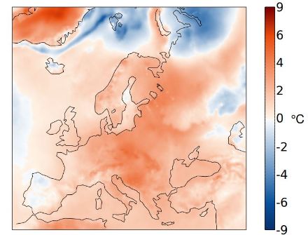 Répartition spatiale de la température en mars 2024 en Europe. L’écart (en °C) à la norme 1991-2020 est représenté. 