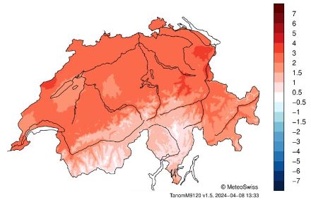 Répartition en Suisse de la température en mars 2024. L’écart (en °C) à la norme 1991-2020 est représenté. 
