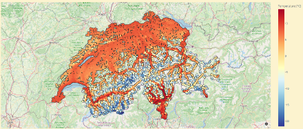 Températures maximales prévues pour lundi 22 avril. Source : Data4web@MétéoSuisse