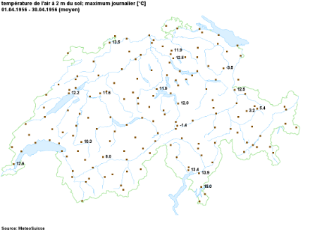 Températures maximales moyennes d’avril 1956. Source : Climap@MétéoSuisse