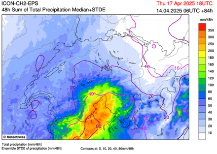 Figure 2 : prévision du cumul de précipitations entre mardi 20h et jeudi 20h, médiane du modèle ICON-CH2-EPS, run du 14 avril à 6 UTC. Les lignes violettes représentent l’écart-type, unité en mm.