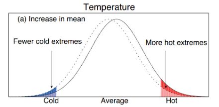 Représentation schématique de la distribution des températures journalière dans un climat qui se réchauffe (hausse de la température moyenne illustrée par le décalage à droite de la ligne traitillée à la ligne continue). Les extrémités de la distribution indiquent les valeurs les plus chaudes (hot) et froides (cold).