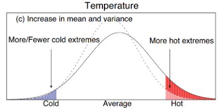 Représentation schématique de la distribution des températures journalière dans un climat qui se réchauffe (hausse de la température moyenne illustrée par le décalage à droite de la ligne traitillée à la ligne continue). Un aplatissement de la courbe indique une hausse de la variance. Les extrémités de la distribution indiquent les valeurs les plus chaudes (hot) et froides (cold).