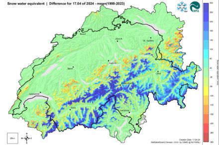 Comparaison de l’équivalent en eau de la neige de cet hiver avec la moyenne pluriannuelle de 1999 à aujourd’hui.