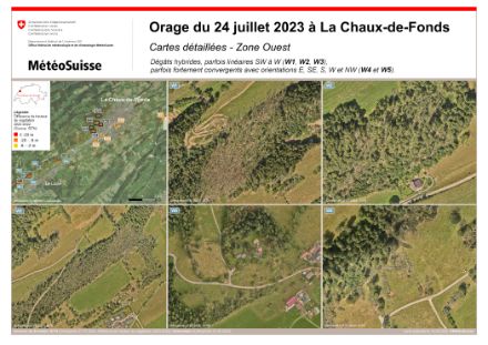 Figure 4 : dégâts observés sur le flanc ouest de La Chaux-de-Fonds, zone marquée de rectangles bleus (N3) sur la carte en haut à gauche. L’échelle est indiquée dans le coin inférieur droit de chaque photo.