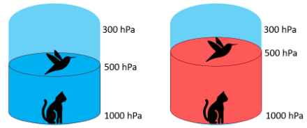 Figure 1 : conceptualisation de l’altitude du géopotentiel à 500 hPa. A gauche de l’air froid et donc plus lourd occupe moins de place entre 1000 et 500 hPa et donc l’altitude du niveau 500 hPa est plus basse. A droite, l’air plus chaud et donc plus léger occupe plus de place entre 1000 et 500 hPa et donc l’altitude du niveau 500 hPa est plus élevée. Aucun animal réel n’a été blessé durant l’élaboration de cette image.