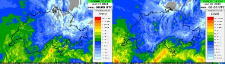 Carte des cumuls de précipitations sur 24 h (en mm) pour la journée du jeudi 2 mai 2024 selon les scénarios de contrôle des modèles COSMO-1E (gauche) et ICON-1E (droite).