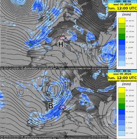 Cartes de la hauteur du géopotentiel à 500 hPa (=pression vers 1500 m, contours noirs, en décamètres) et des cumuls de précipitations en 6 heures (couleurs, en mm) pour le lundi 6 mai 2024 12 h UTC selon les scénarios haute résolution du modèle IFS calculés le 30 avril (haut) et le 1er mai 2024 (bas).