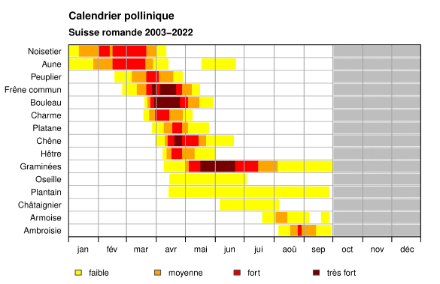 Calendrier pollinique 2003-2022 pour le Plateau romand. Dans nos régions, les concentrations de pollen de graminées atteignent leur maximum fin mai/début juin.   