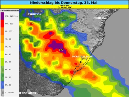 Carte avec données modélisées montrant de fortes précipitations dans le Rio Grande do Sul.