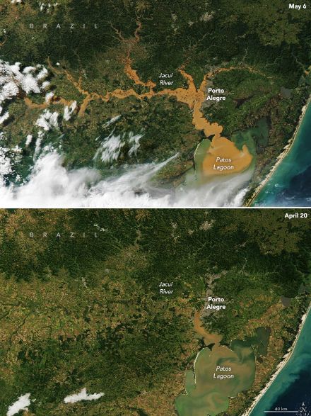 Deux images satellites, sur celle du haut, on peut voir des inondations.