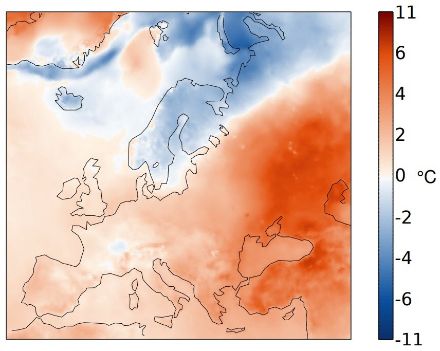 Répartition spatiale des anomalies de température en avril 2024 en Europe. L’écart (en °C) à la norme 1991-2020 est représenté. Source : Copernicus