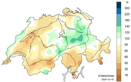 Répartition spatiale des sommes de précipitations en avril 2024, représentée en % de la norme 1991-2020. Source : MétéoSuisse